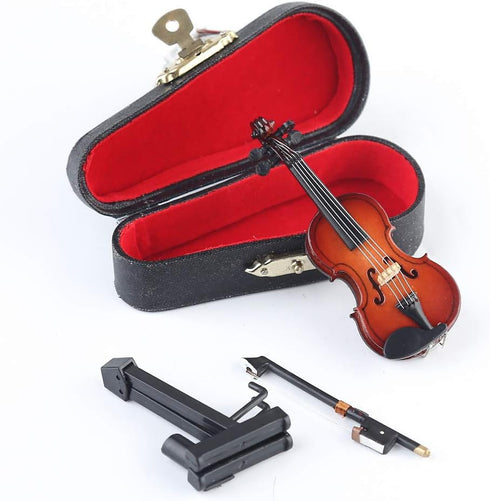 Dselvgvu Wooden Miniature Violin with Stand - Mini Musical Instrument Dollhouse Model Ornament