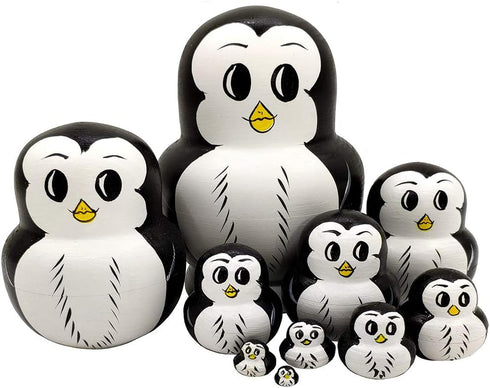 Moonmo 10pcs Animal Pattern Wooden Nesting Toys - Russian Nesting Dolls Matryoshka Stacking Dolls (Penguin)