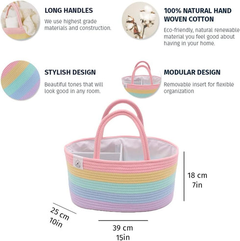 OrganiHaus Pastel Rainbow Nursery Storage Basket, Cotton Rope Toy & Diaper Caddy Organizer with Handles, Baby Diaper