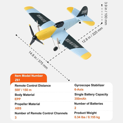 2.4GHZ 3 6-Axis Stabilizer&2 BF-109 VEVOR RC Plane, Channel RC Airplane with Gyro Batteries, Ready to Fly Fighter