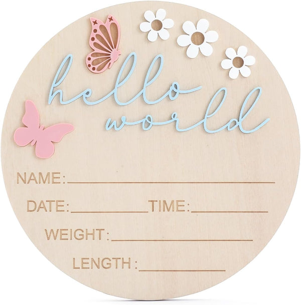 TAHULIK Hello World Newborn Sign, 5.9 Inch Butterfly Style Birth Welcome Board, Pink