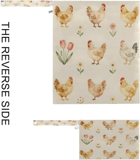 Haskirky 2 Farm Chickens and Floral Pcs Cloth Diaper Wet Dry Bags,Waterproof and Washable Bag for Travel Reusable Wet