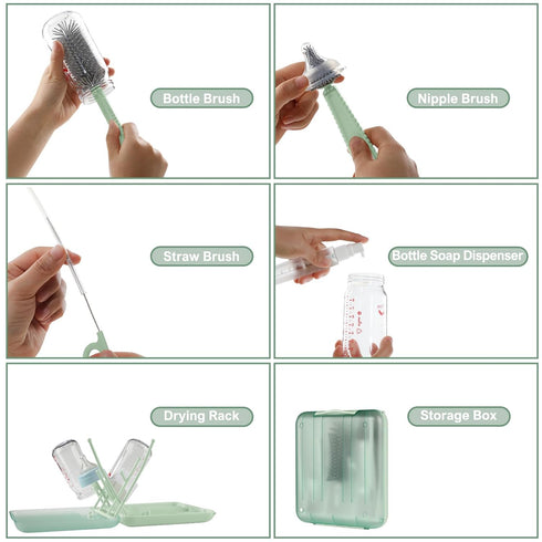 Hineriaeo 6-in-1 Set Baby Bottle Cleaning Brush with Silicone Bottle Brush, Nipple Cleaner, Straw Brush, Soap