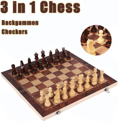 Folding Storage Wooden Chess Set, 3 in 1 Chess Board Game for Adults and Kids (Chess, Backgammon, Checkers)