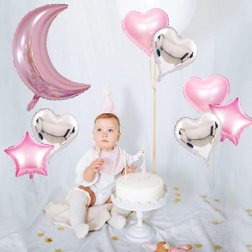 9pcs Large Moon Star Foil Balloons 30inch Pink Silver Moon and 18inch Star Heart Mylar Balloons for Party Decorations