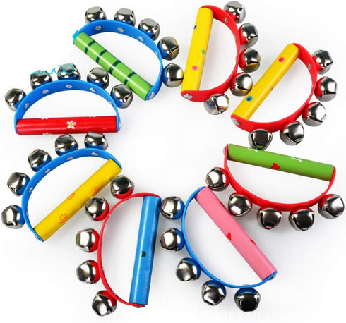 4 Pcs Vivid Color Rainbow Handle Wooden Bells, Jingle Stick Shaker Rattle with 5/10 Jingle Bells for Kids