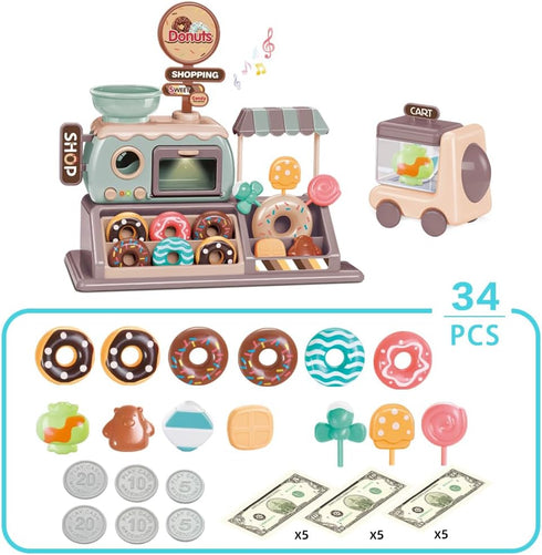 yoliyogo 34pcs Playset Pretend Play Donut Toy Candy Store Toy Realistic Functional Donut Oven with Lights and Sound