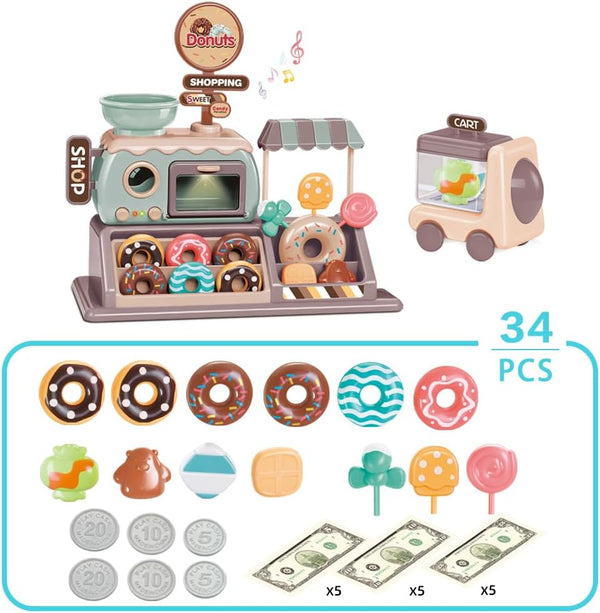 yoliyogo 34pcs Playset Pretend Play Donut Toy Candy Store Toy Realistic Functional Donut Oven with Lights and Sound