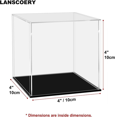 LANSCOERY Acrylic Display Case, Small Showcase Box for Collectibles, Dustproof Design, Black Base, 4x4x4inch
