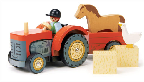 18m+ Tender Leaf Toys - Farmyard Tractor - Wooden Tractor Toy with Removeable Trailer, Animals and Accessories