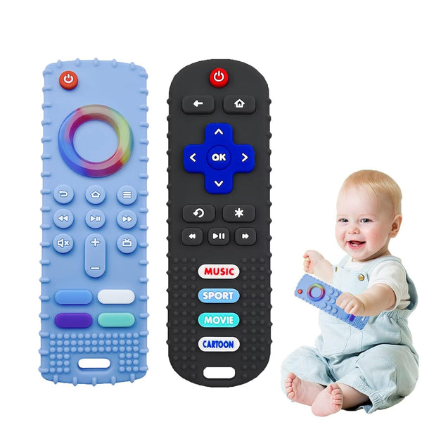 2-Pack Baby Teething Toys - TV Remote Control Shape Silicone for Babies 0-18 Months, BPA-Free (Black+Blue)