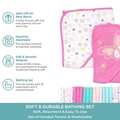 Set 23-Piece Set, GBA23 07) Spasilk Bath Hooded Towels & Washcloths for Babies, Gift Pink Butterfly, (Gift