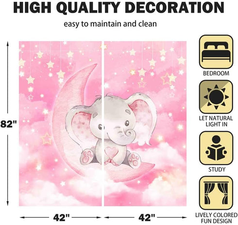 Yilinata 82 84 Watercolor Elephant Window Curtains for Kids Boys Girls Pink Twinkle Star Baby Living Room Bedroom