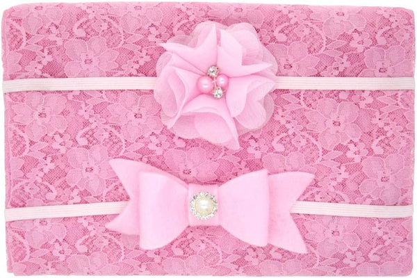 Newborn Baby Lace Wrap Blanket and 2 pcs Beads Headband, Baby Photography Props (T1) (Pink)