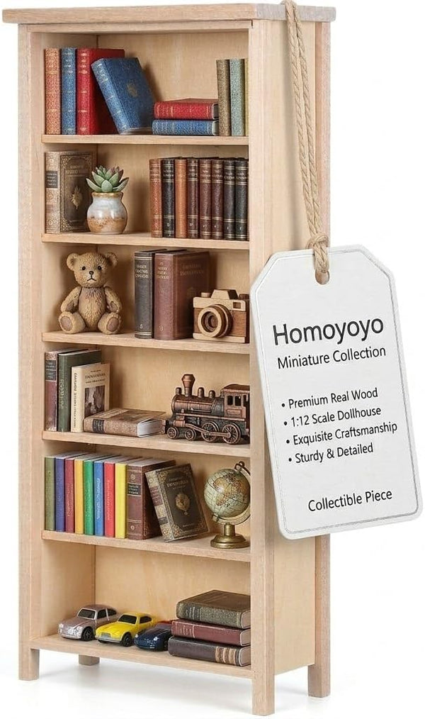 1:12 Scale Dollhouse Bookshelf, Doll House Model Storage Cabinet Wooden Miniature Bookcase