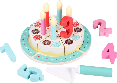 Set Birthday Cake Cutting Toys, Wooden Play Food for Kids Toddlers, Pretend Play Kitchen Toys for Boys Girls