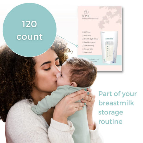 8oz Pack 120 Zomee Breast Milk Storage Bags Leakproof Double-Zip Seal, Self-Standing, Easy-Pour Design, Freezer Safe