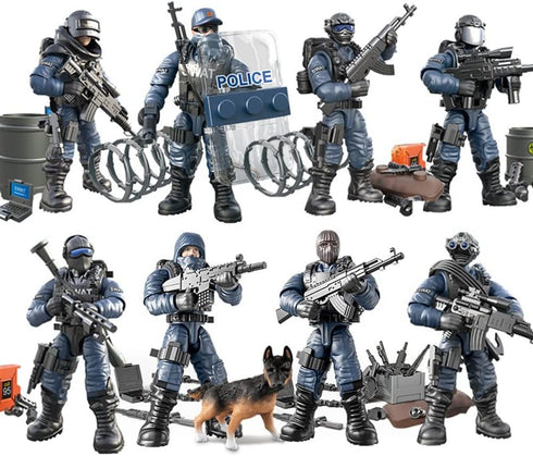 8 PCS Building Block City Policeman Action Mini-Figures with Military Weapons Accessories, SWAT Model Toys for Boys