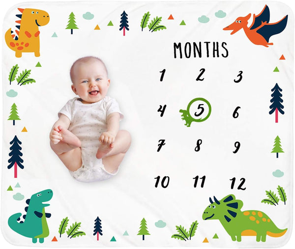 Baby Monthly Milestone Blanket Boy - Dinosaur Neutral Newborn Month Blanket for