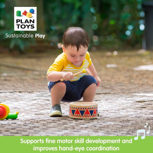 PlanToys Solid Drum Toddler Musical Instrument - Sustainably Made from Rubberwood with Organic-Pigment Coloring