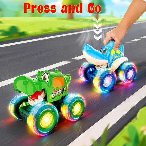 BOLZRA 1-3 3 Pack Monster Truck Toys, Toy Cars for Toddlers with Bull Shark Crocodile Glow Rover Wheels Press and Go