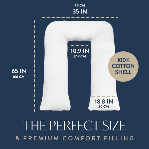 100% 35" 65" Digital Decor U-Shaped Body Pillow, Made in USA Full Body Maternity & Side Sleeper Pillow with Cotton