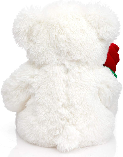 12 Inches HollyHOME Teddy Bear Stuffed Animal Rose Bear with Red Bow Soft Plush Toy Holiday Toy Gift White