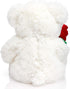 12 Inches HollyHOME Teddy Bear Stuffed Animal Rose Bear with Red Bow Soft Plush Toy Holiday Toy Gift White