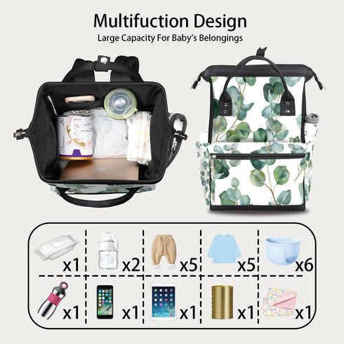 Skonsati Backpack Diaper for Moms Green Eucalyptus Leaf Baby Bag Large Diaper Tote Bags Nappy Bag Waterproof Travel