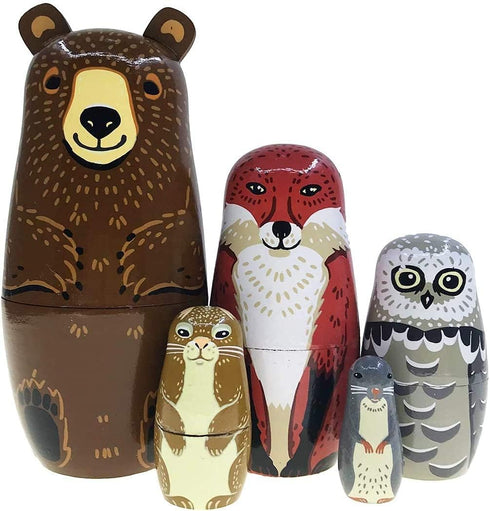 Kakeah Set 5 Nesting Dolls-Brown Cartoon Owl Bear Fox Raccoon Russian Nesting Dolls Wooden Matryoshka Doll Handmade