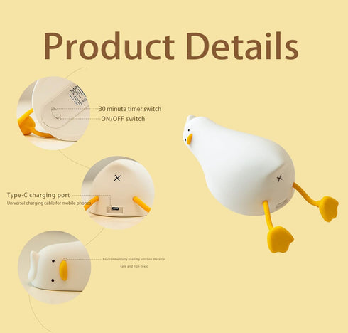 3 Dimmable HAPPYBAG LED Lying Flat Duck Night Light, Level Nursery Nightlight,Cute Lamps Silicone Squishy Light Up