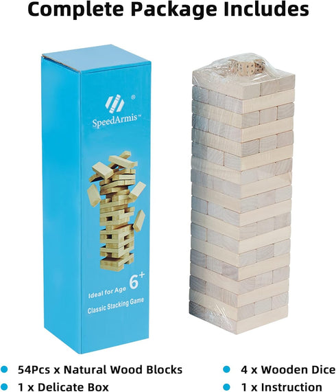 54PCS 4 Set SpeedArmis Mini Tumble Tower, Wooden Stacking Game for Teens - Pine Stack Timber Board Games with Dice