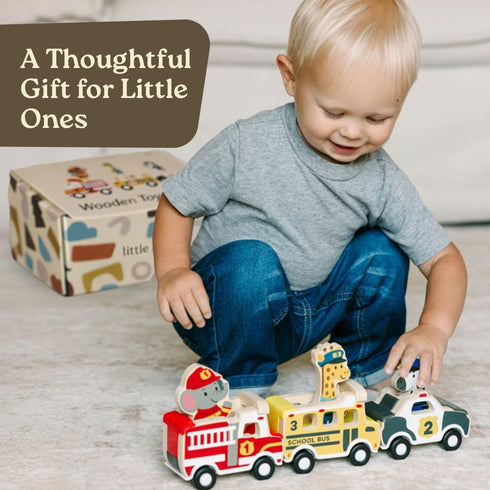 1 2 1-3 6-12 Little Acorn, Wooden Pull Back Cars with Mix & Match Characters | Montessori Toys for & Year Old | Car