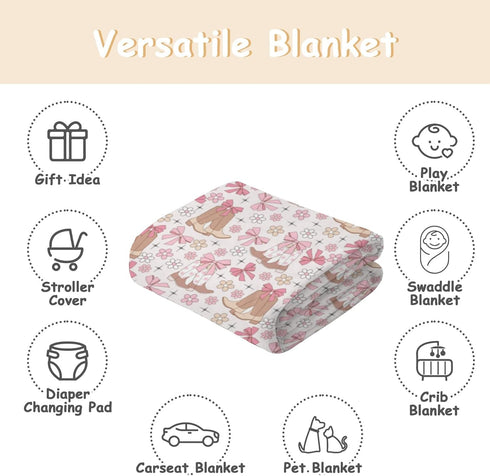 Cstdyfrv Cozy Country 60x80in Western Cowgirl Boots Baby Blankets for Boys Girls Vintage Cowgirl Boots Pink Bows Soft