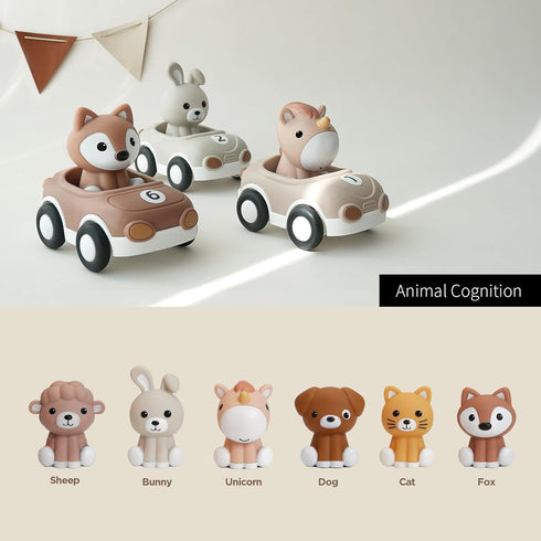 1-3, 6-Pack Set Nueplay Toy Cars for Toddlers Friction Powered Push and Go Vehicle with Animal Finger Puppets for Boys