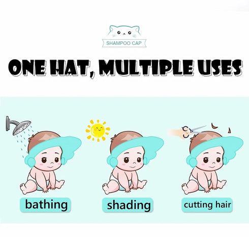 SIQITECHNO Cat Baby Shower Cap with Earmuff Foldable Anti-Reflux Cartoon Baby Shower Cap Soft Bath Shampoo Cap