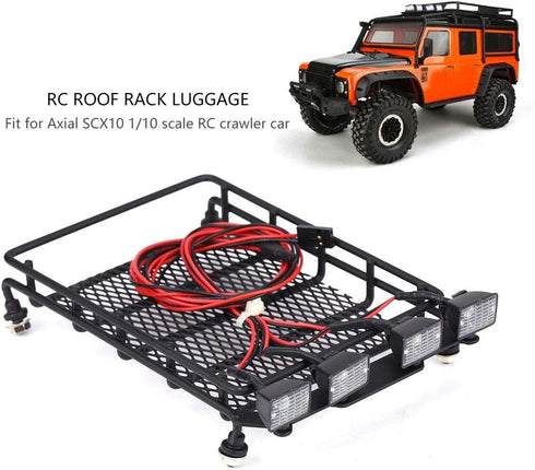 RC Car Roof Rack, Middle Size Roof Rack Luggage Carrier with Quadrate LED Lights for SCX10 1/10 Remote Control Cars(4 White Light Color) Car Model Accessory by Dilwe