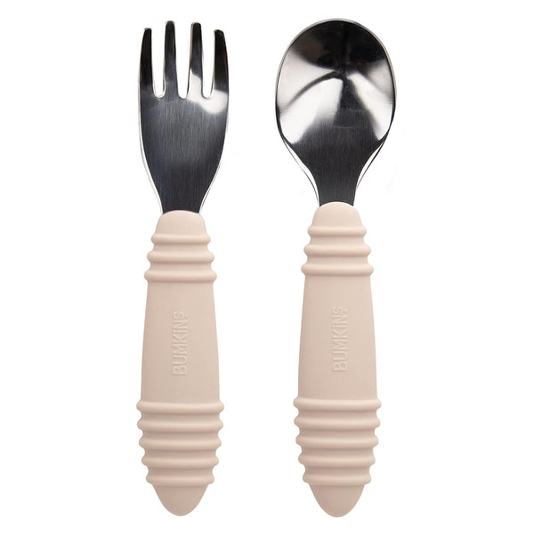 Bumkins Toddler Utensils, Kids Size Fork and Spoon Set, Silicone and Stainless-Steel Training Silverware