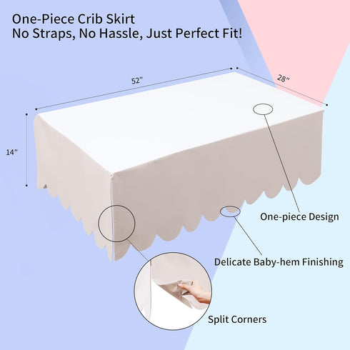 100% 28"x 52" 14" 4-Sided Cotton Scallop Edge Crib Bed Skirt, with Drop, Soft Breathable Cotton Bedding Skirt for Baby