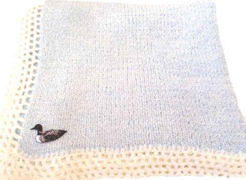 SONA Knitted & Crochet Blue Chenille White Cotton Trim Large Baby Blanket with