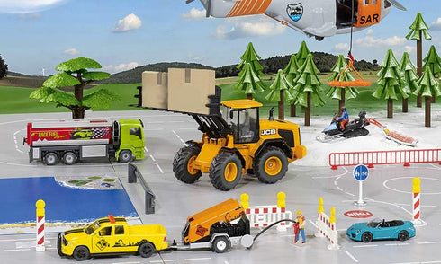 Siku 3505, 1500 1:50, RAM Pick-Up with Compressor Trailer, Metal/Plastic, Yellow/Orange, Incl. barriers and Toy Figure