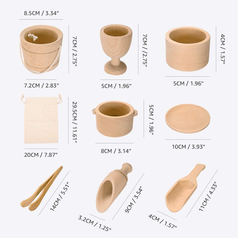 Set 9 Montessori Toys Sensory Bin Toys for Toddlers of Wooden Waldorf Toys Wooden Scoops and Tongs for Transfer Work