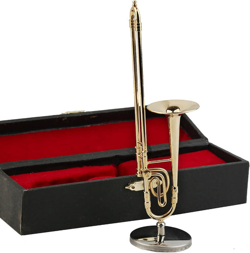Dselvgvu Copper Miniature Trombone with Stand and Case, Mini Musical Instrument for Dollhouse Decoration