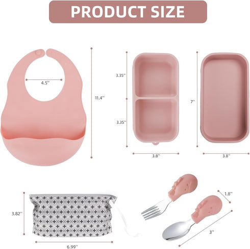 Set 316 6-Piece Travel Silicone Baby Feeding with Stainless Steel Spoon & Fork ,Silicone Suction Plates, Foldable Bib