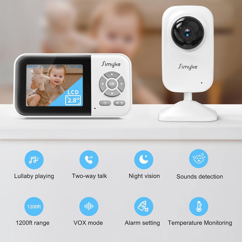 Video Baby Monitor with Camera No WiFi, 1200ft Long Range, 2.8" Display, Auto Night Vision, 5 Lullabies