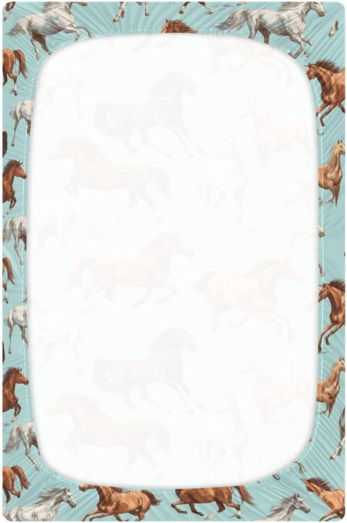 Pigsaly 27x39 Inch Crib Sheets White Horses Blue Baby Sheet for Standard Crib Mattress Boys Girls Toddler Bed Sheets
