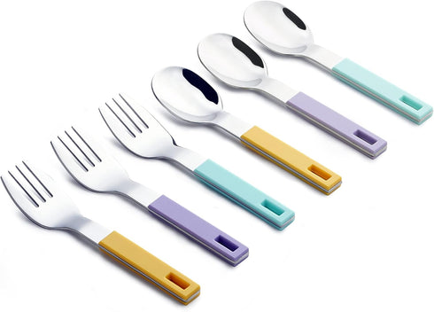 ANNOVA Children's Flatware 6 Pieces Kids Silverware - Stainless Steel - 3 x Safe Forks, 3 x Tablespoons - Toddler Utensils Without Knives for Lunch Box BPA Free Block (6 Pieces, Mix Color)