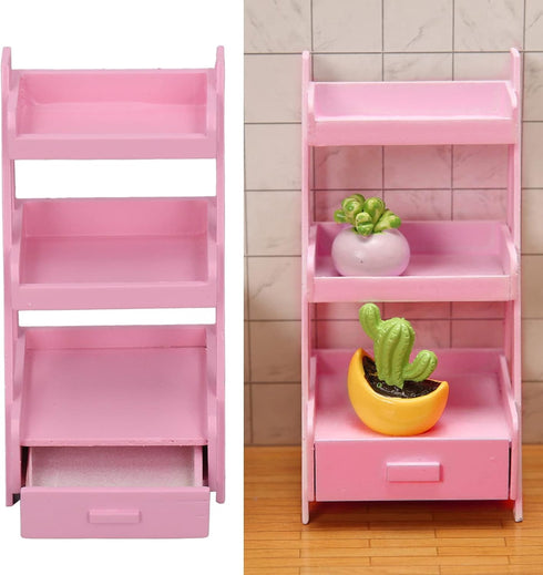 Dollhouse Flower Plants Rack, 3 Layers Hand Crafted Birch Wood Flower Shelf with Storage Drawer for Doll House