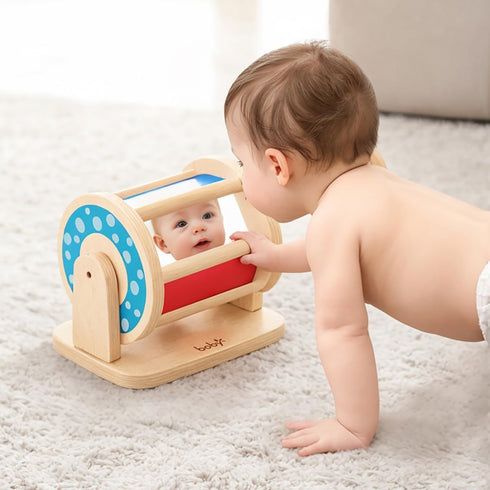 Tummy 1-3 Dailyfunn Montessori Toys Wooden Spinning Drum Time Floor Mirror Toy for Babies Toddlers Years Old