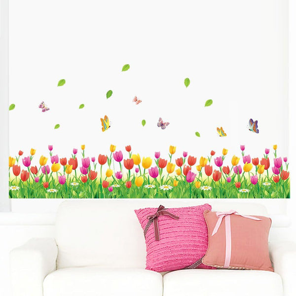 Amaom Removable Colorful Tulip Flowers with Butterfly Wall Decals - Home Art Decor, Peel Stick Wall Stickers for Kids